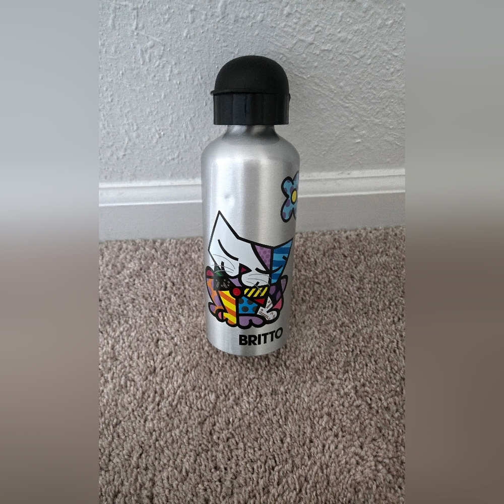 Britto Silver Aluminum Water Bottle – Cat Design Neo POP Art